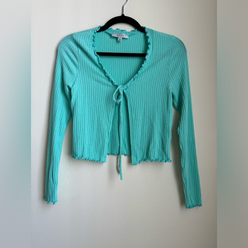 Gaze Front Tie Ribbed Teal Green Cardigan | Small